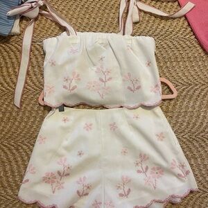 Floral Embroidered Two-Piece Set - Pink and White